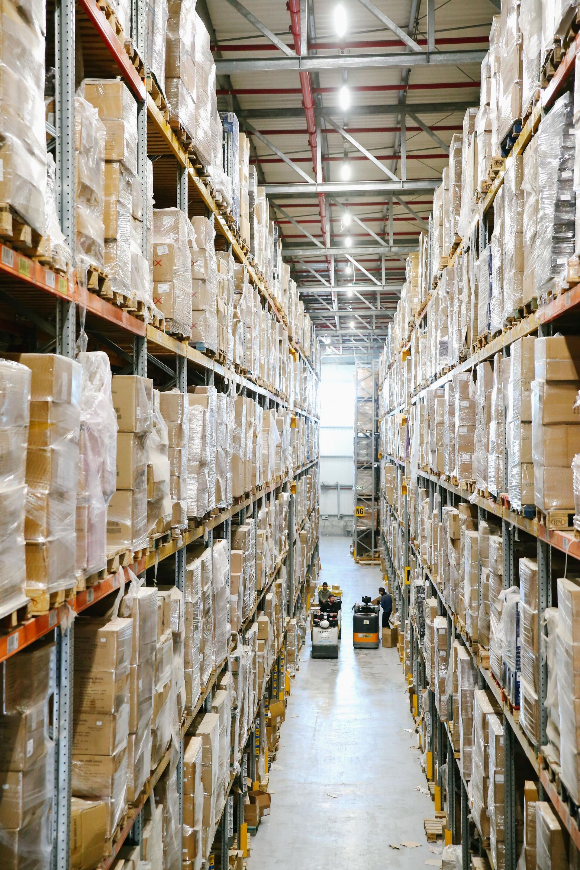 Packed boxes on warehouse shelving, ready for dispatch